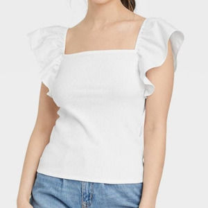 A New Day Ruffled Frills Top Sleeveless Ribbed Womens Size M White New